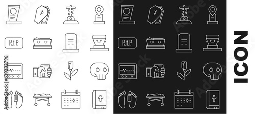 Set line Holy bible book, Skull, Coffin, Grave with cross, dead, Speech bubble rip death, tombstone and icon. Vector