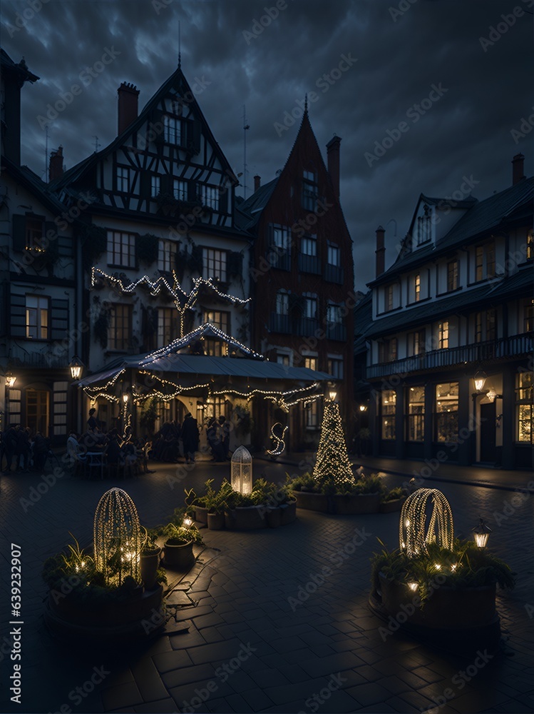 Fototapeta premium A picturesque village square adorned with festive decorations, where locals gather to celebrate the New Year's arrival.AI Generated