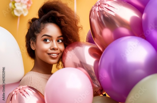 A beautiful African woman smiles and looks into the frame, surrounded by a bunch of colorful balloons. Holiday concept, beauty.