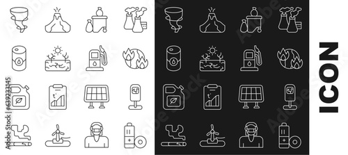 Set line Battery, Trash can, Global warming fire, Full dustbin, Drought, Barrel oil, Tornado and Petrol gas station icon. Vector