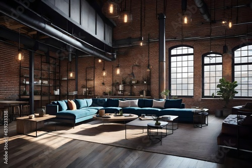 an urban loft living area featuring brick walls, industrial lighting, and contemporary furniture