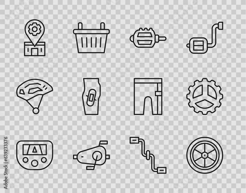 Set line Gps device with map, Bicycle wheel, pedal, pedals, repair service, Plaster on leg, and sprocket crank icon. Vector photo