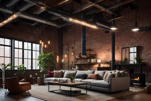 an urban loft living area featuring brick walls, industrial lighting, and contemporary furniture