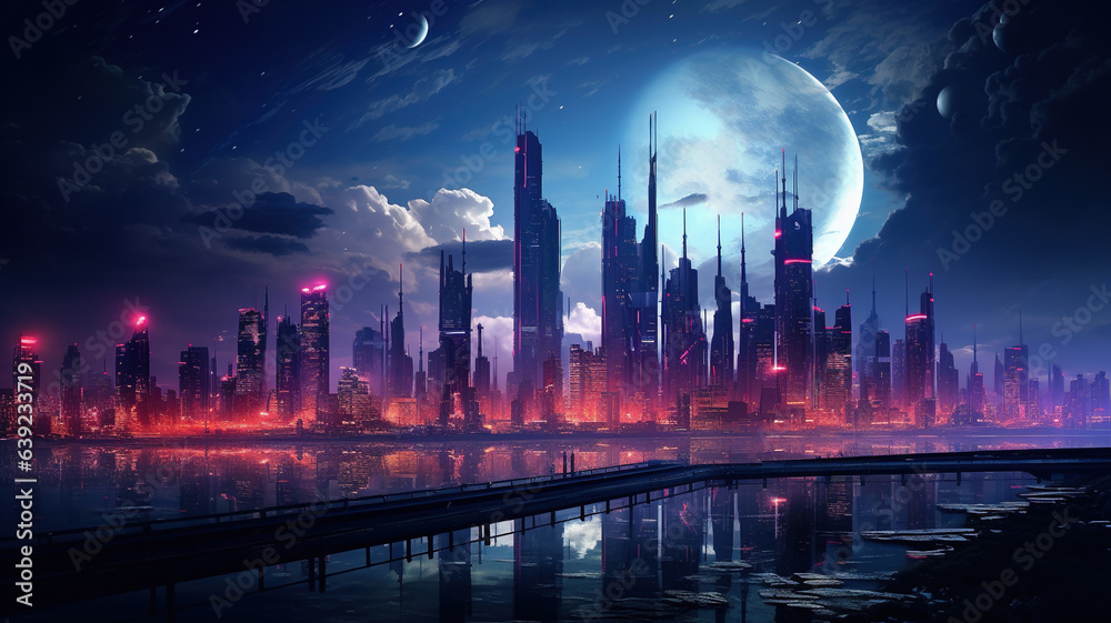 Cyberpunk city skyline at night, futuristic buildings and neon light