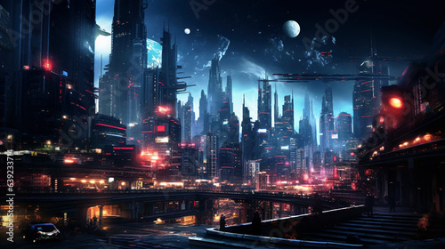 Cyberpunk city view at night, futuristic buildings and roads in neon light