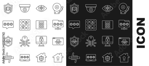 Set line House under protection, Browser incognito window, Folder with password, Eye scan, Graphic, Password, System bug and icon. Vector