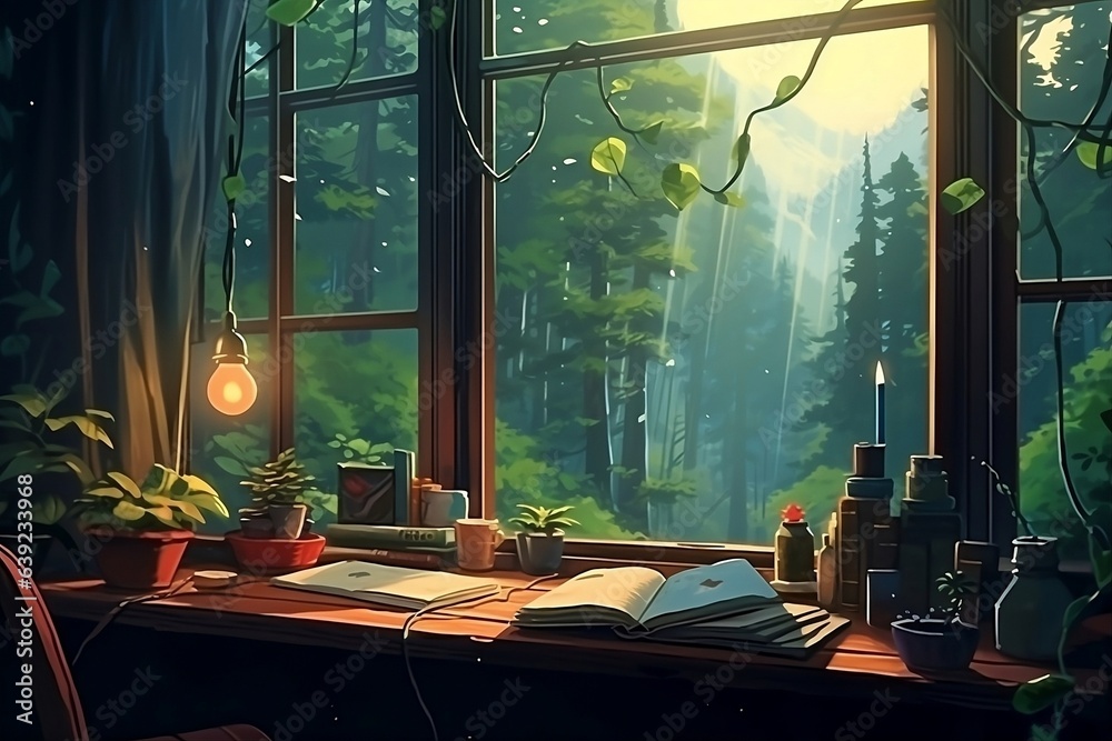 Lofi empty interior. Messy desk, window view of a forest, jungle. Anime ...