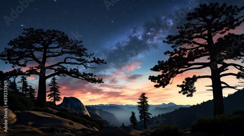 Silhouette of giant evergreen trees in front of the Milky Way at Glacier Point in Yosemite National Park