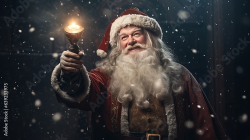 On a dark background covered in snow  Santa Claus is seen ringing a bell and holding a bag filled with gifts.