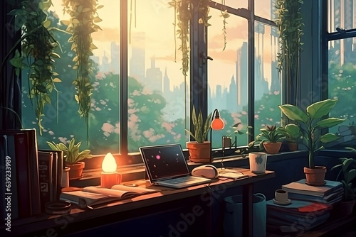 Lofi empty interior. Messy desk, window view of a forest, jungle. Anime, manga style. Colorful study lo-fi desk. Cozy chill vibe. Hip-hop atmoshperic lighs. Stars 4k wallpaper. ai generated photo