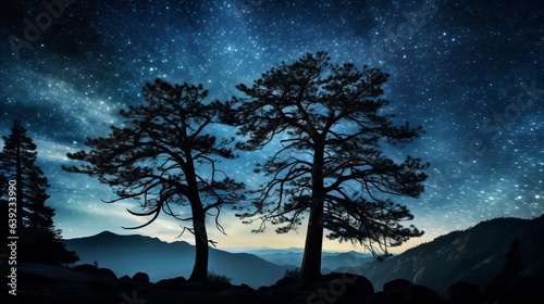 Silhouette of giant evergreen trees in front of the Milky Way at Glacier Point in Yosemite National Park