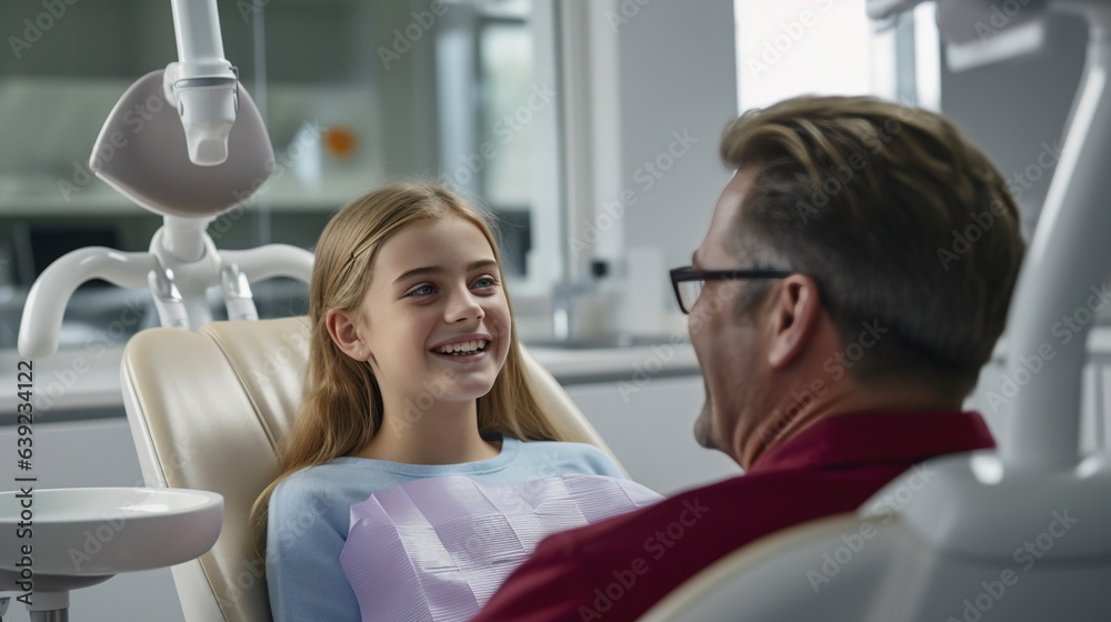 Obraz premium A smiling girl lies in the dentist's chair, exposing her white teeth