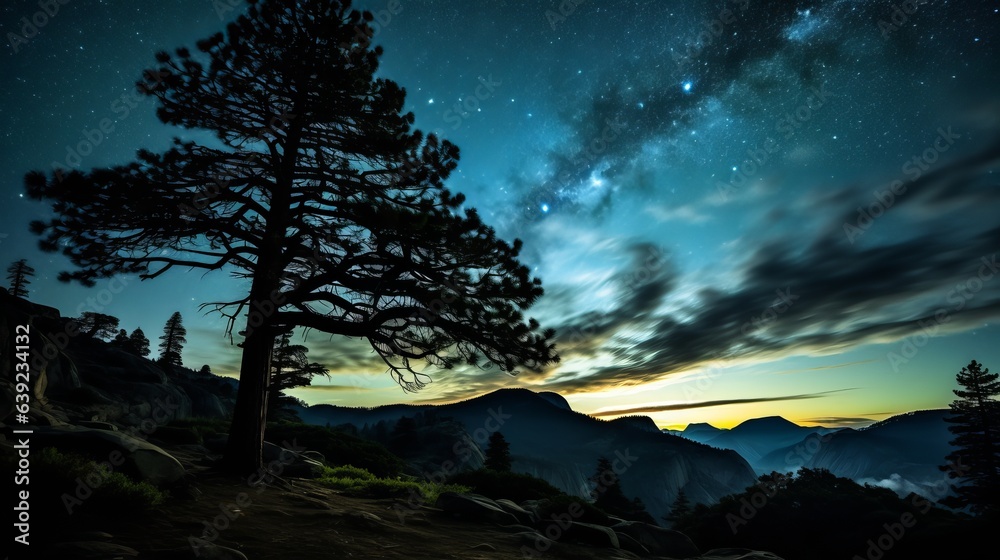 Fototapeta premium Silhouette of giant evergreen trees in front of the Milky Way at Glacier Point in Yosemite National Park