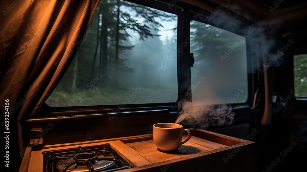 Steaming cup of coffee in a van life campervan living the slow life