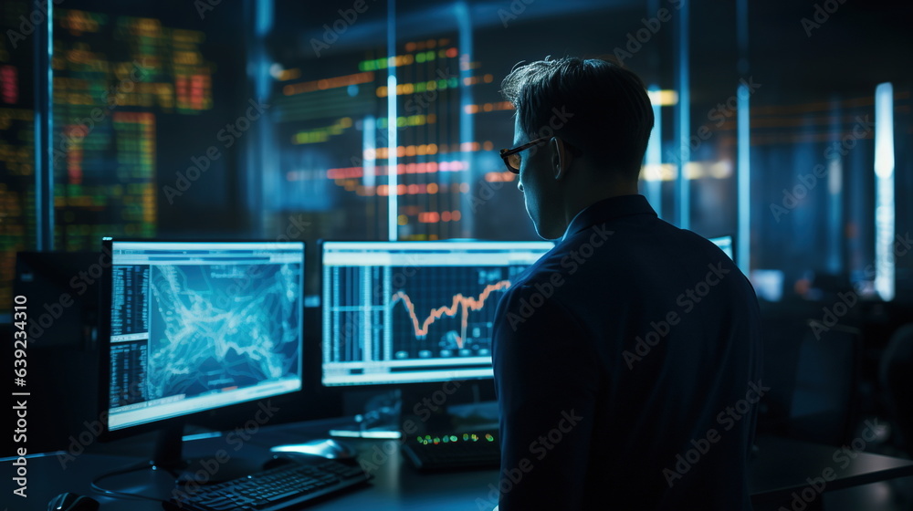An analyst in a data-centric environment in a business suit analyzes graphs and charts on a monitor