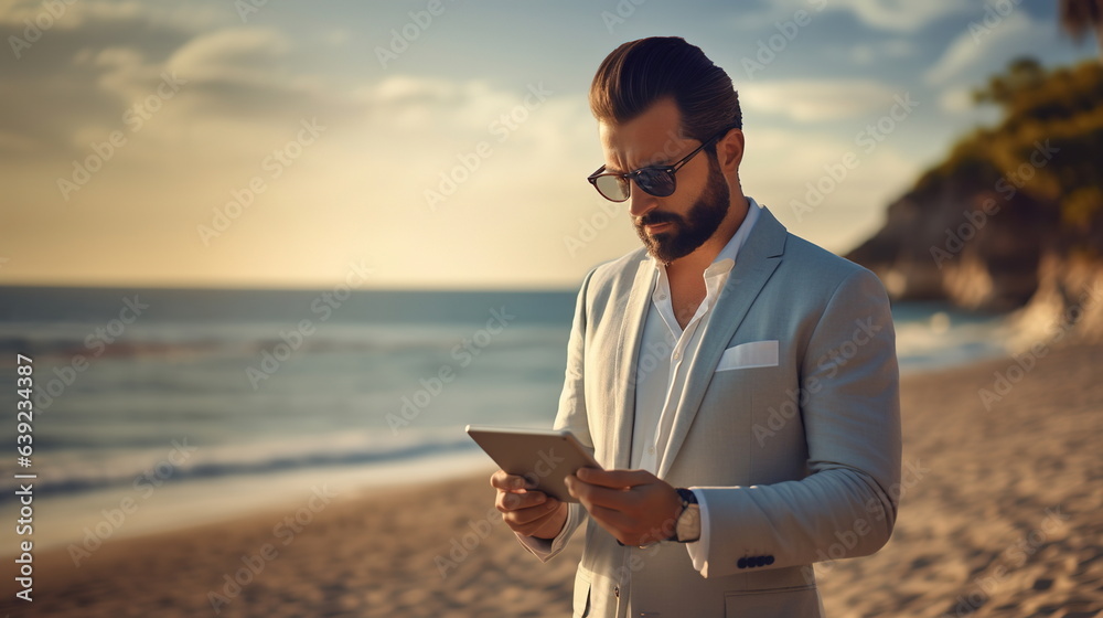 Young e-commerce manager: e-commerce manager on the beach, in business suit, analyzing online sales data, holding a tablet in hand 