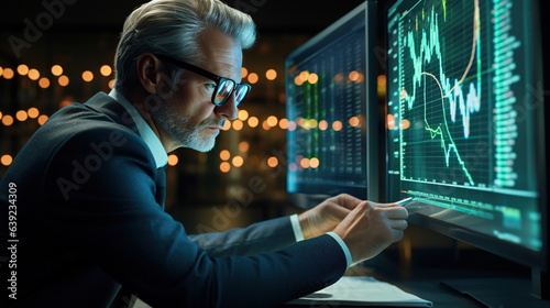 An analyst in a data-centric environment in a business suit analyzes graphs and charts on a monitor