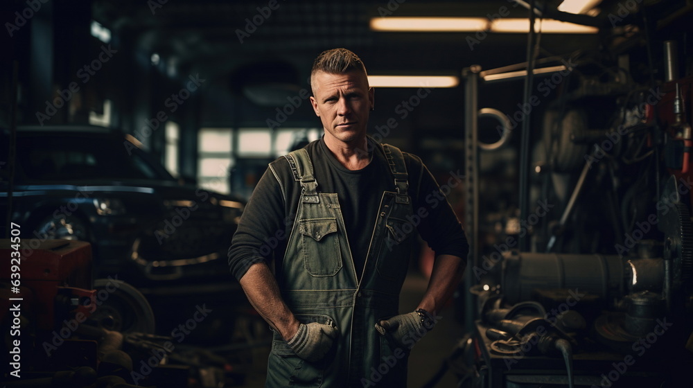 A car mechanic in an equipped garage, uniformed, with tools at the ready, standing next to a car engine A car mechanic in an equipped garage, uniformed, with tools at the ready, standing next to a car engine