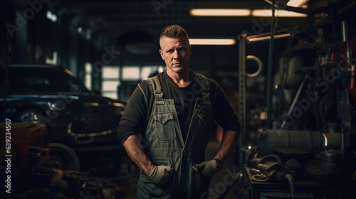 A car mechanic in an equipped garage, uniformed, with tools at the ready, standing next to a car engine