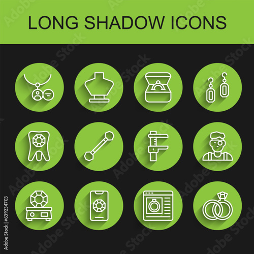 Set line Gem stone, Jewelry online shopping, Locket necklace, Wedding rings, Piercing, Jeweler man and Calliper or caliper and scale icon. Vector