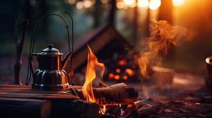 Vintage coffee pot on camping fire. Wonderful evening atmospheric background of campfire. Romantic warm place with fire