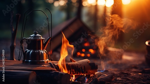 Photo Vintage coffee pot on camping fire