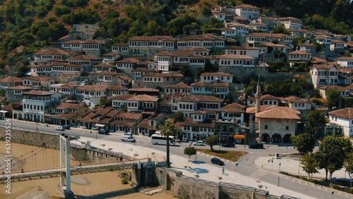 Berat Albania, aerial views of the urban landscape: view traveling in to the famous houses with their houses and their windows. photo