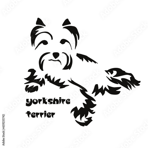 Lying stylized Yorkshire terrier. Vector drawing of a small dog with a haircut and hypoallergenic hair. Animal Gestalt Design