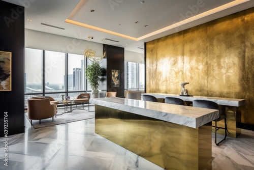 Modern lobby, city view, golden desk, seating, decor. Generative AI