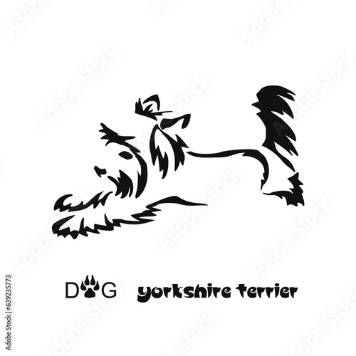 Lying stylized Yorkshire terrier. Vector drawing of a small dog with a haircut and hypoallergenic hair. Animal Gestalt Design
