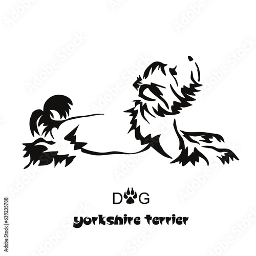 Lying stylized Yorkshire terrier. Vector drawing of a small dog with a haircut and hypoallergenic hair. Animal Gestalt Design