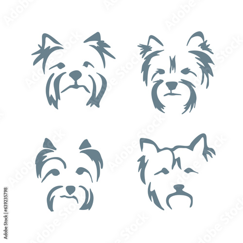 Set of different expressions of a Yorkshire terrier muzzle. Vector drawing of the head of a small dog. Gestalt animal design