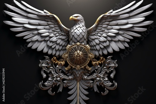 Silver and gold 3D eagle emblem with coat of arms. Keywords: eagle, badge, symbol, animal, medallion, metal, head. Generative AI photo