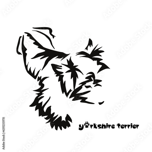 Lying stylized Yorkshire terrier. Vector drawing of a small dog with a haircut and hypoallergenic hair. Animal Gestalt Design