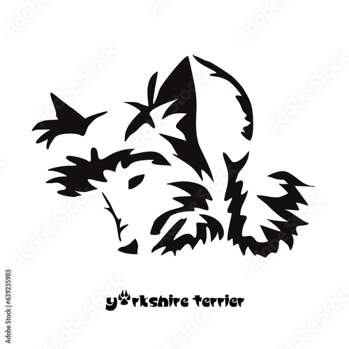 Lying stylized Yorkshire terrier. Vector drawing of a small dog with a haircut and hypoallergenic hair. Animal Gestalt Design