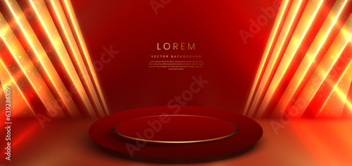Elegant red stage with gold diagonal glowing lighting effect and sparkle. Template premium award design.