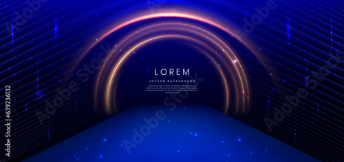 Elegant blue stage background with golden line curved and lighting effect sparkle. Luxury template award design.