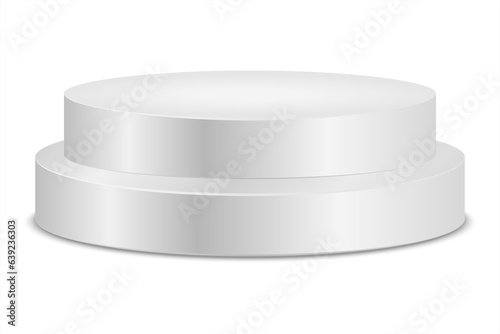 Empty white round podium or modern platform. Abstract 3d cylinder pedestal, product display stand. Light scene for cosmetic product display advertising, showcase. Mockup or showroom arena. 2 cylinders