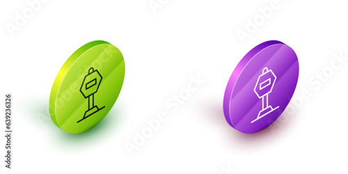 Isometric line Stop sign icon isolated on white background. Traffic regulatory warning stop symbol. Green and purple circle buttons. Vector