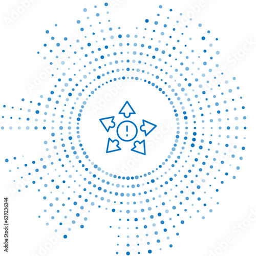 Blue line Many ways directional arrow icon isolated on white background. Abstract circle random dots. Vector