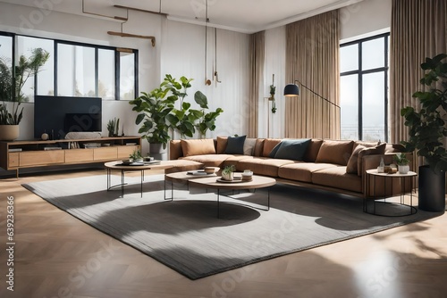 a living room with sleek, minimalist furniture in earthy tones