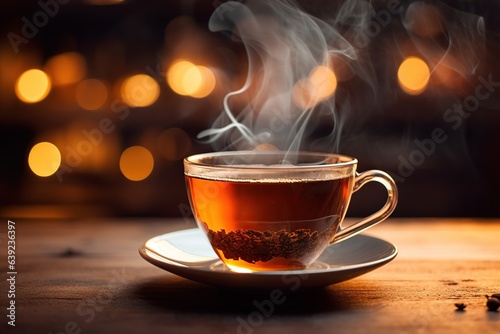 Hot black tea cup in blurry background , Ai Generative 