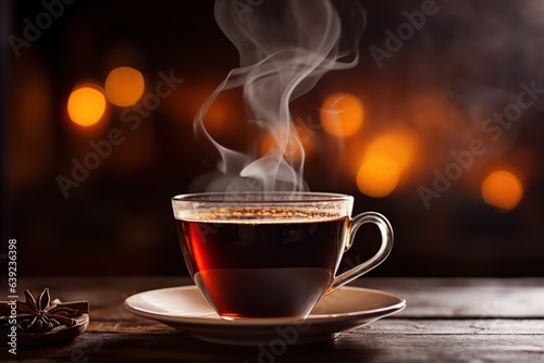 Hot black tea cup in blurry background , Ai Generative 