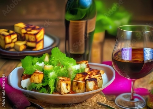Roasted paneer dish served with wine on the table