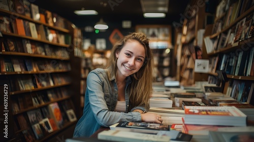 A smiling, positive girl in a bookstore.