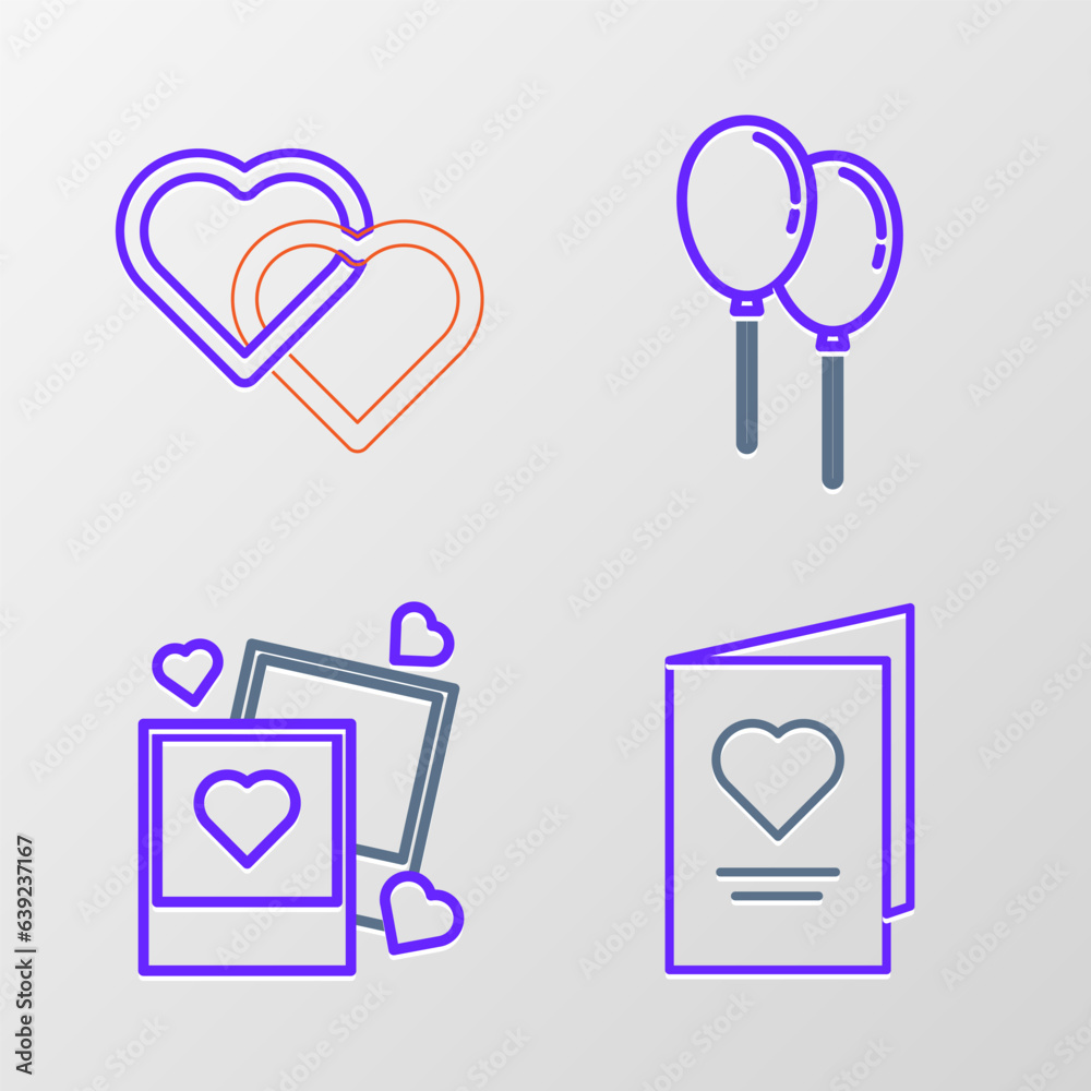 Set line Valentines day party flyer with heart, Two blanks photo frames and hearts, Balloons ribbon and Linked Hearts icon. Vector Set line Valentines day party flyer with heart, Two blanks photo frames and hearts, Balloons ribbon and Linked Hearts icon. Vector