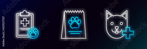 Set line Veterinary clinic symbol, Clipboard with medical clinical record pet and Bag of food for dog icon. Glowing neon. Vector