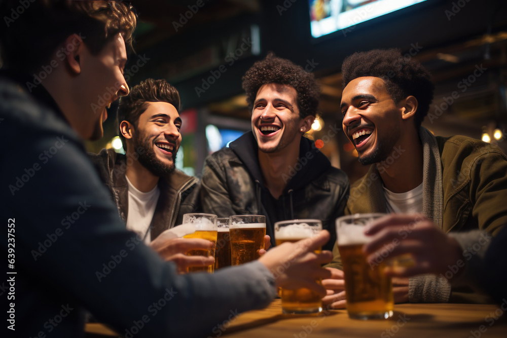 group of people cheering and drinking beer at bar pub table -Happy young friends enjoying