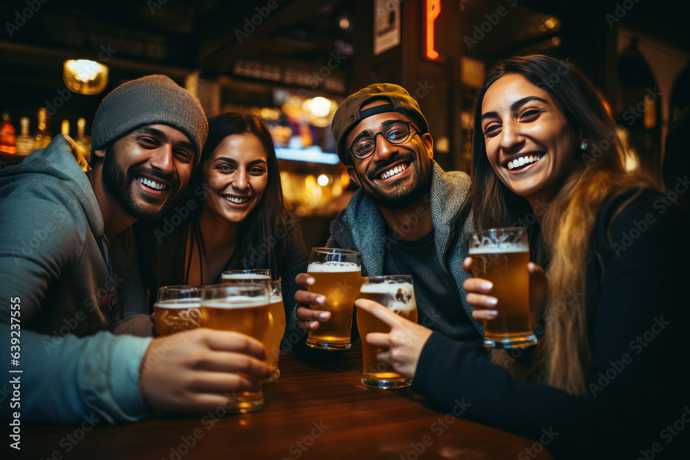 group of people cheering and drinking beer at bar pub table -Happy young friends enjoying happy hour at brewery restaurant