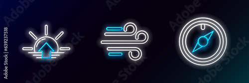 Set line Wind rose, Sunrise and icon. Glowing neon. Vector
